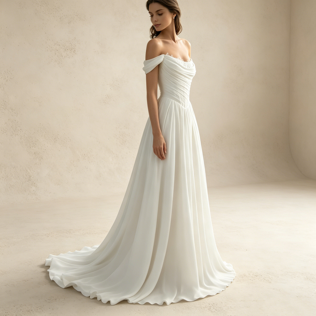 Elegantes Off-Shoulder Abendkleid weiß mit Spitze | Chiffon Gala-Kleid