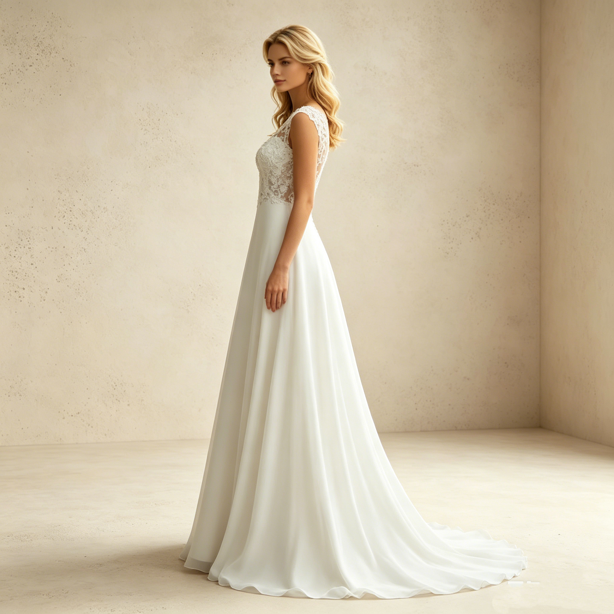 Elegantes A-Linien Abendkleid Weiß Bodenlang | Ärmellos Maxikleid mit Illusion-Ausschnitt, Feiner Spitzenstickerei und Fließendem Rock