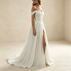 Elegantes Off-Shoulder Abendkleid weiß mit Spitze | Chiffon Gala-Kleid