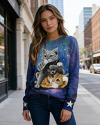 3D-Druck Damen Sweatshirt Schwarz-Weiß: Süßes Katzen-Motiv, Kontrastfarben mit Reißverschluss, Leichtes Langarmshirt S-5XL