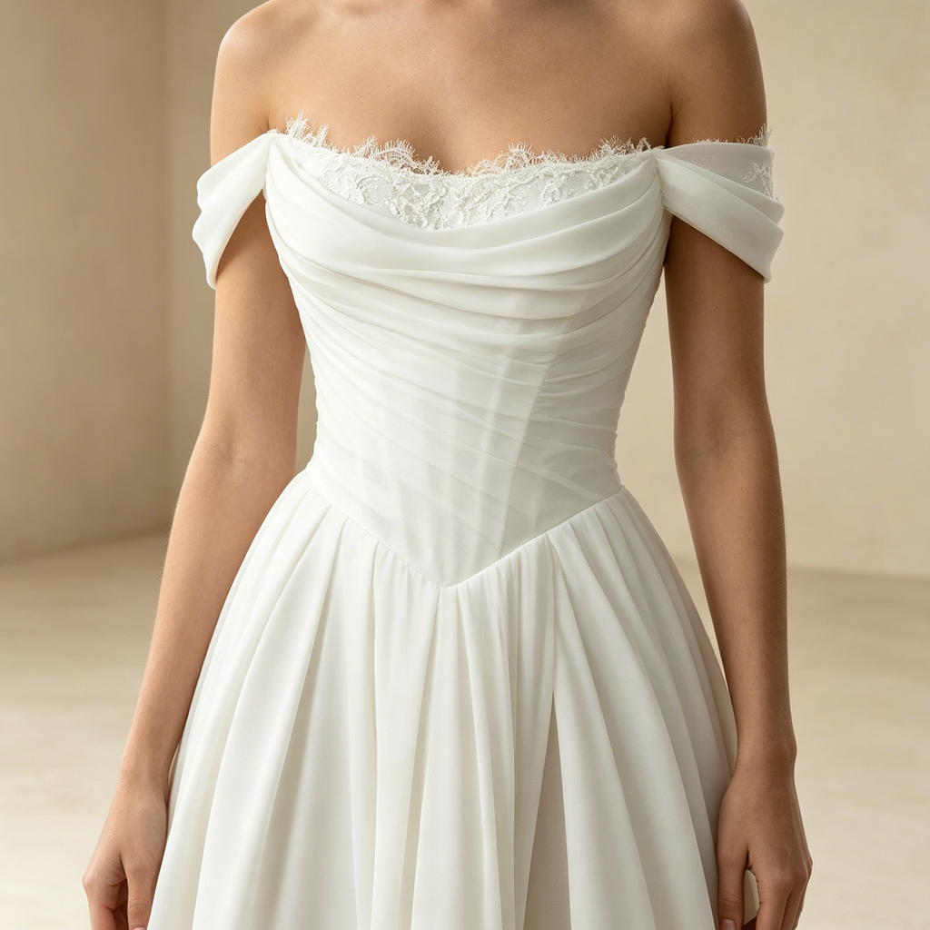 Elegantes Off-Shoulder Abendkleid weiß mit Spitze | Chiffon Gala-Kleid