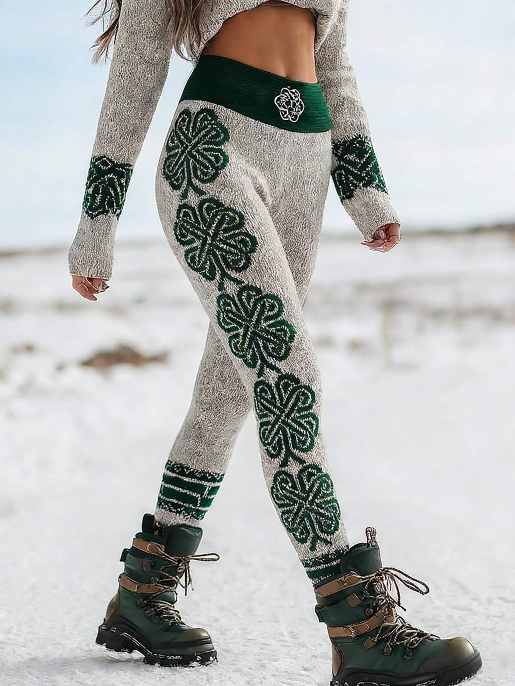 Viking Leggings Weiß-Grün: 3D-Druck Kleeblatt, Keltisch, Shaping, Hoher Bund S-5XL