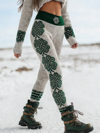 Viking Leggings Weiß-Grün: 3D-Druck Kleeblatt, Keltisch, Shaping, Hoher Bund S-5XL