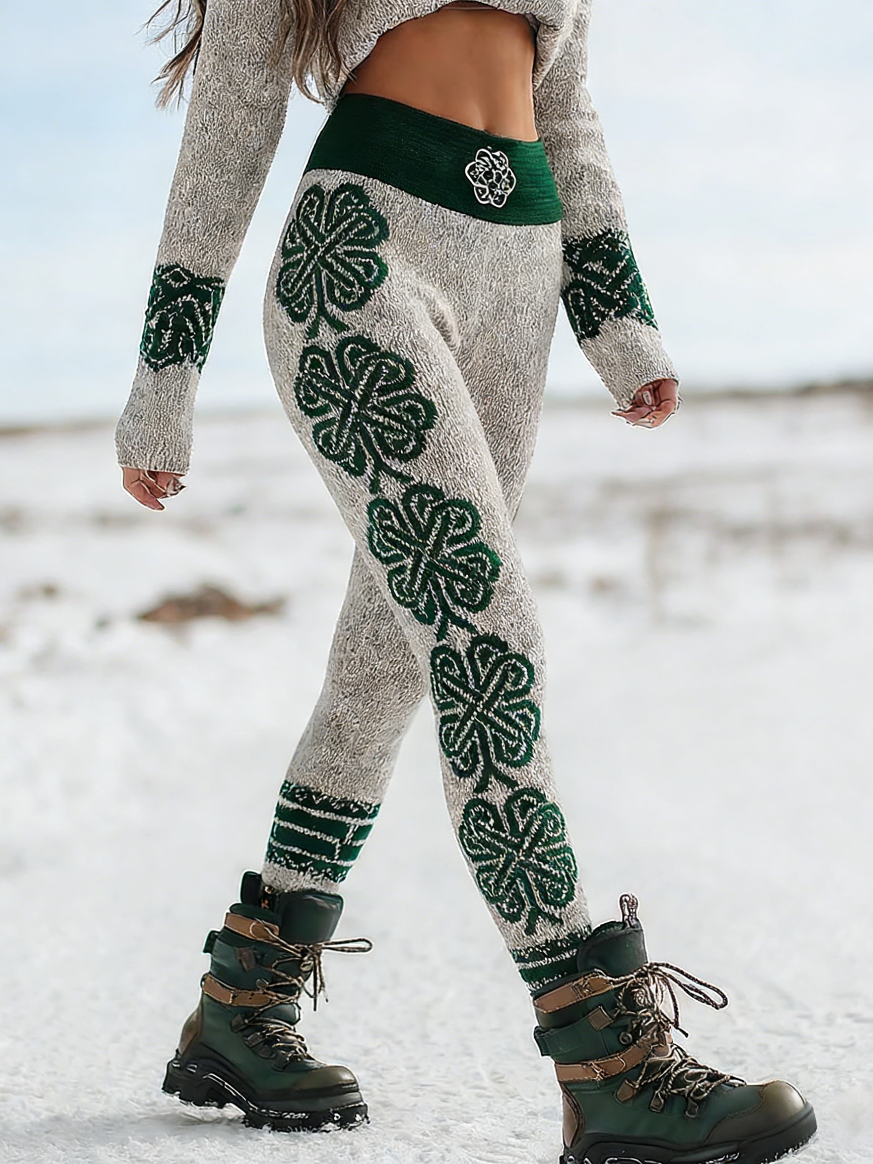 Viking Leggings Weiß-Grün: 3D-Druck Kleeblatt, Keltisch, Shaping, Hoher Bund S-5XL