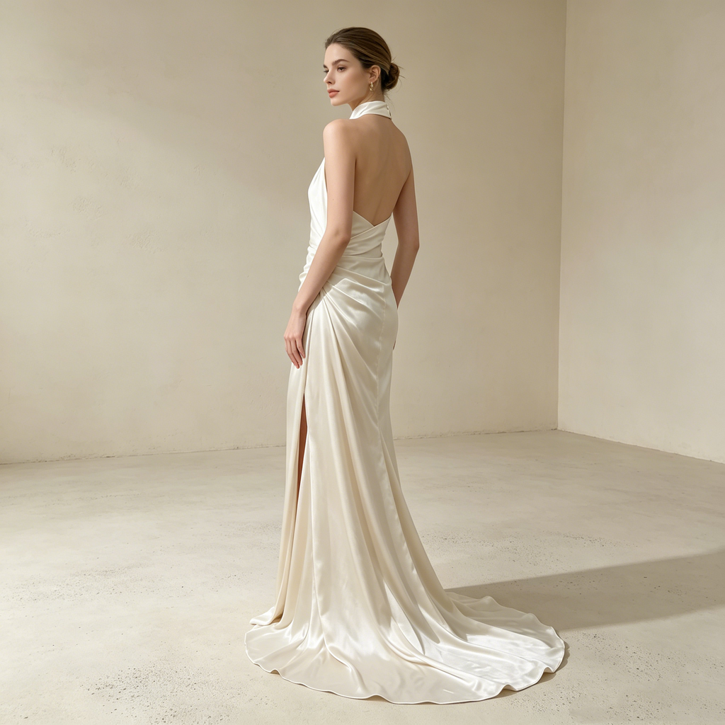 Halterneck Satin Abendkleid Elegant Maxi mit Schleppe Neckholder Ballkleid Ärmellos Bodenlang für Damen S-L - Auf Lager