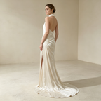 Halterneck Satin Abendkleid Elegant Maxi mit Schleppe Neckholder Ballkleid Ärmellos Bodenlang für Damen S-L - Auf Lager
