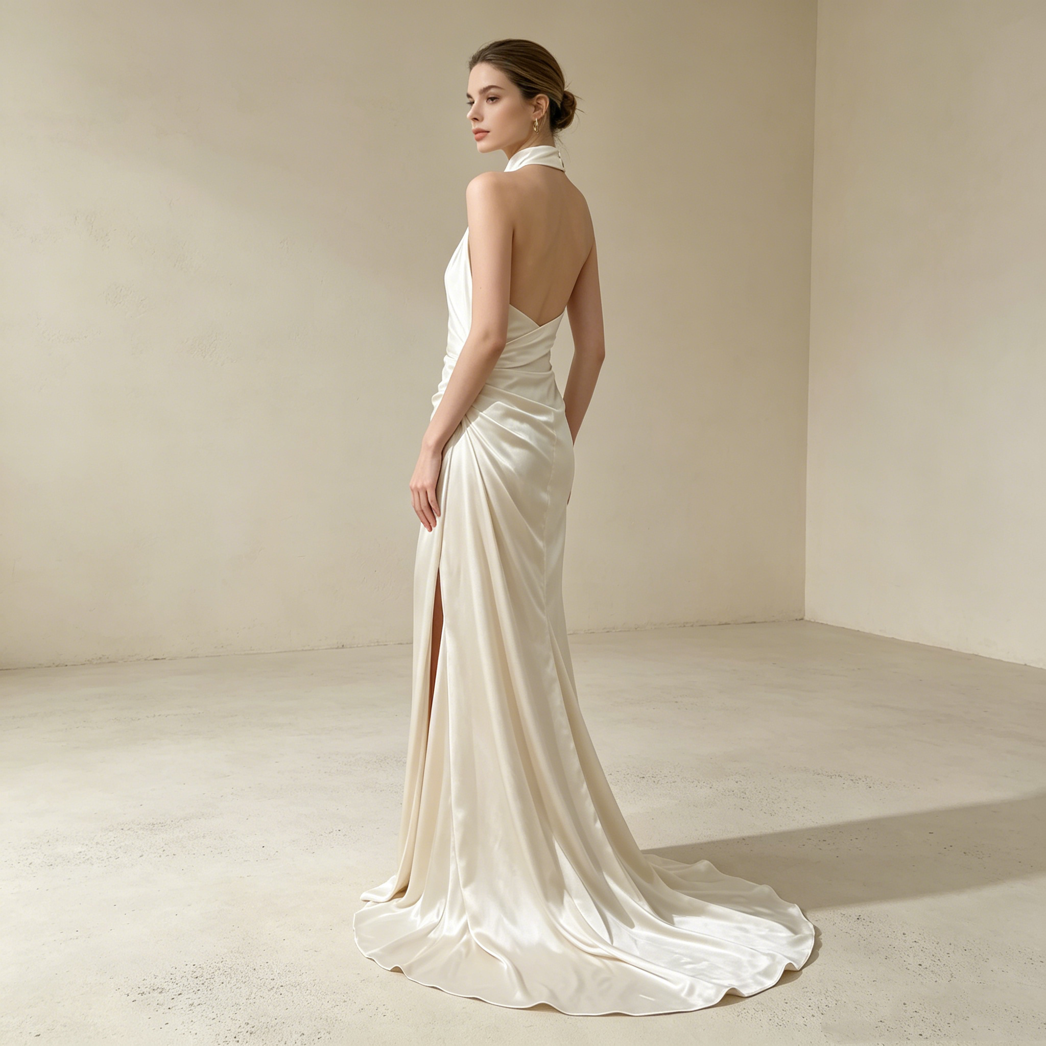 Halterneck Satin Abendkleid Elegant Maxi mit Schleppe Neckholder Ballkleid Ärmellos Bodenlang für Damen S-L - Auf Lager