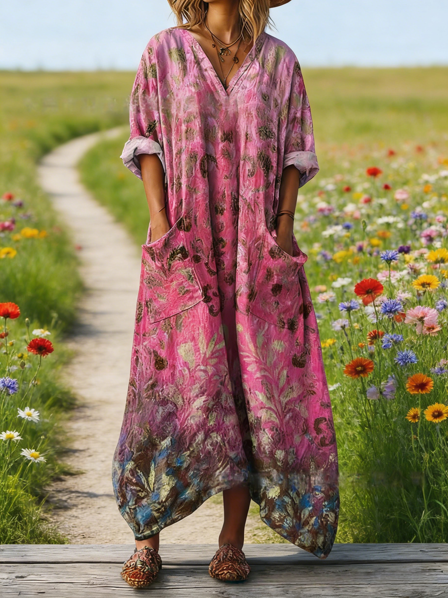 Damen Boho-Maxikleid im Vintage-Stil Pink: Kunstvoller Floral-Print, V-Ausschnitt & Praktische Taschen, Bequeme Passform, Ganzjährig S-5XL