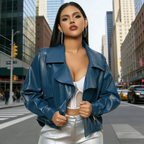 Damen Lederjacke Königsblau: Kurze Cropped Bikerjacke mit Reverskragen, Oversize-Schnitt aus Kunstleder, Urbaner Streetwear-Stil, Ganzjährig S-XL