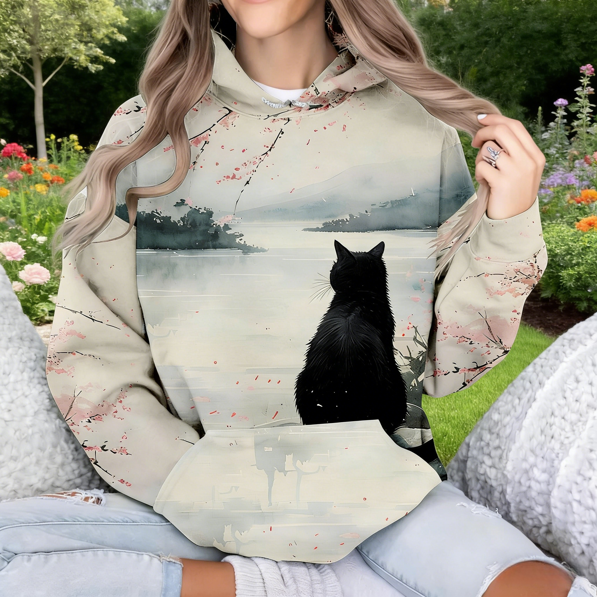Oversize Hoodie Damen Beige: Stylischer Kapuzenpullover mit Japan-Landschaft, Schwarze Katze & Kirschblüten im Ukiyo-e Stil, Casual Sweatshirt, Ganzjährig S-5XL