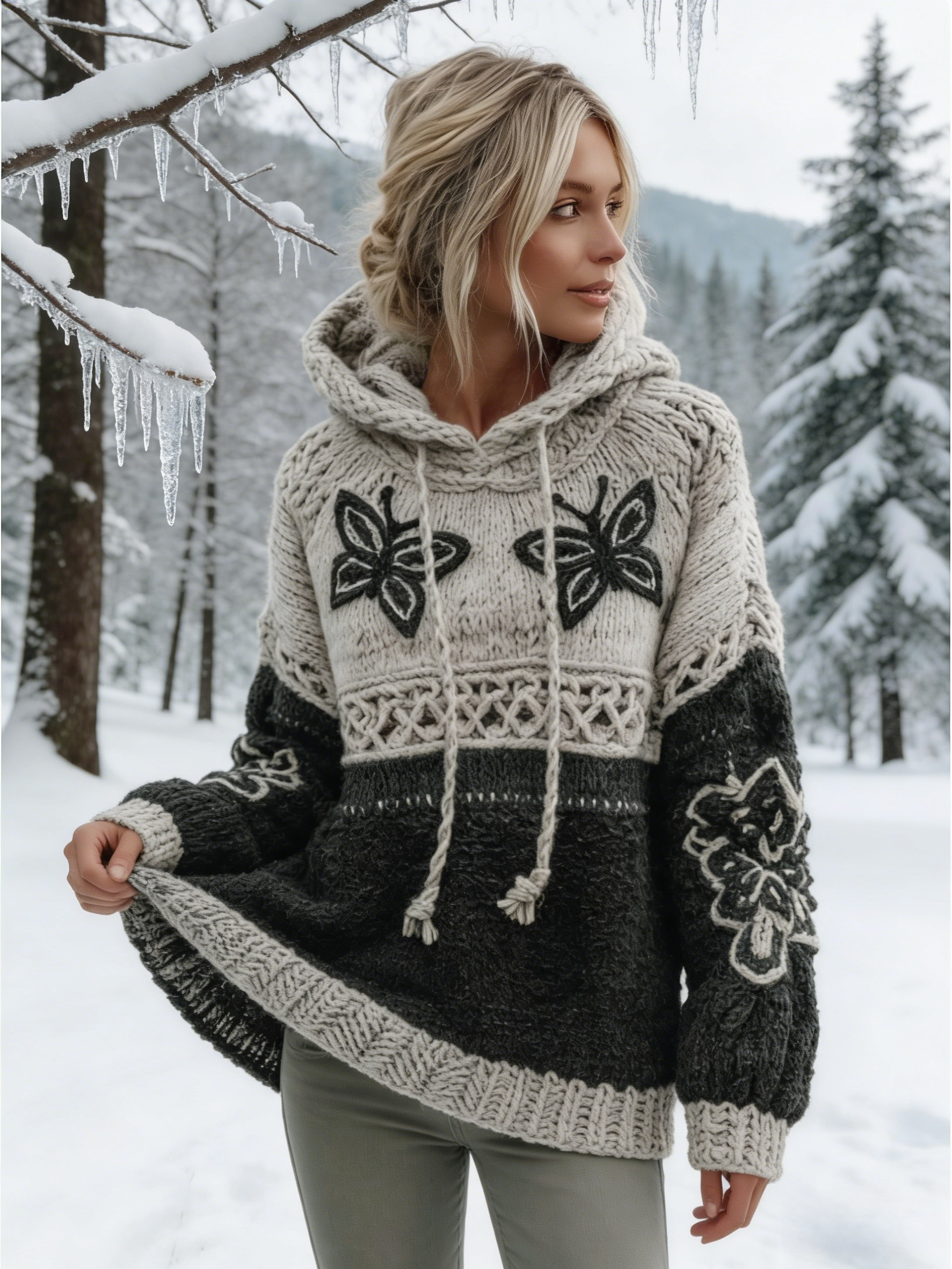 Damen Keltischer Knoten & Schmetterling Bequemer Strick Kapuzenpullover Size S-5XL