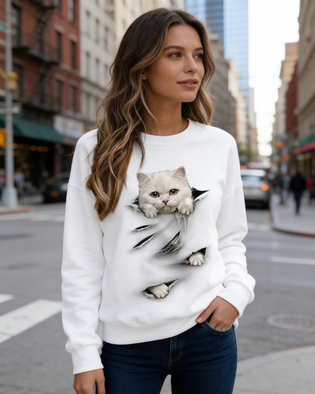 3D-Druck Damen Sweatshirt Schwarz-Weiß: Süßes Katzen-Motiv, Kontrastfarben mit Reißverschluss, Leichtes Langarmshirt S-5XL