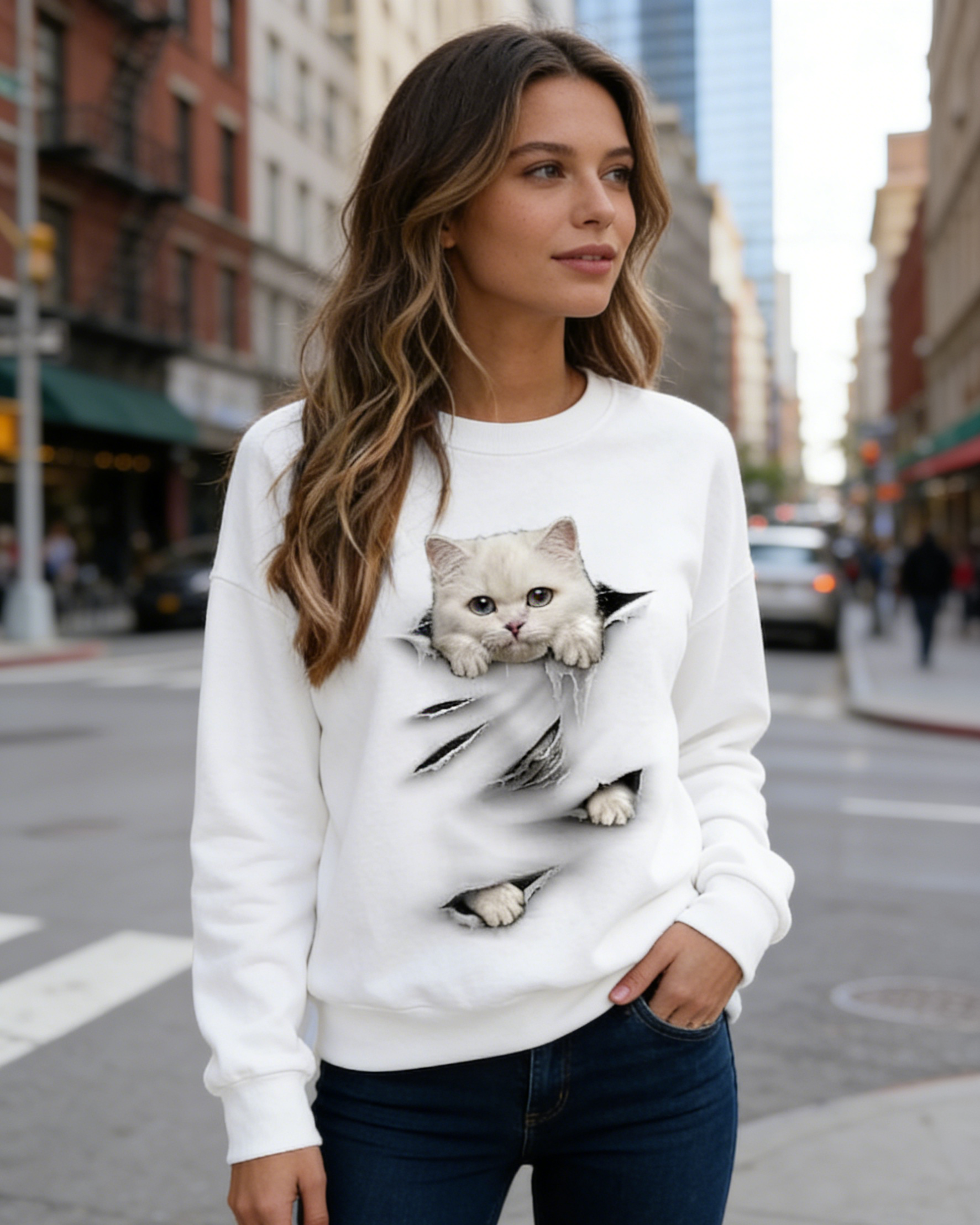 3D-Druck Damen Sweatshirt Schwarz-Weiß: Süßes Katzen-Motiv, Kontrastfarben mit Reißverschluss, Leichtes Langarmshirt S-5XL