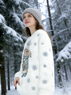 Winter Sweatshirt Damen mit Häschen & Schneeflocken Stickerei – kuscheliger Plush Pullover, weich & gemütlich Size S-5XL