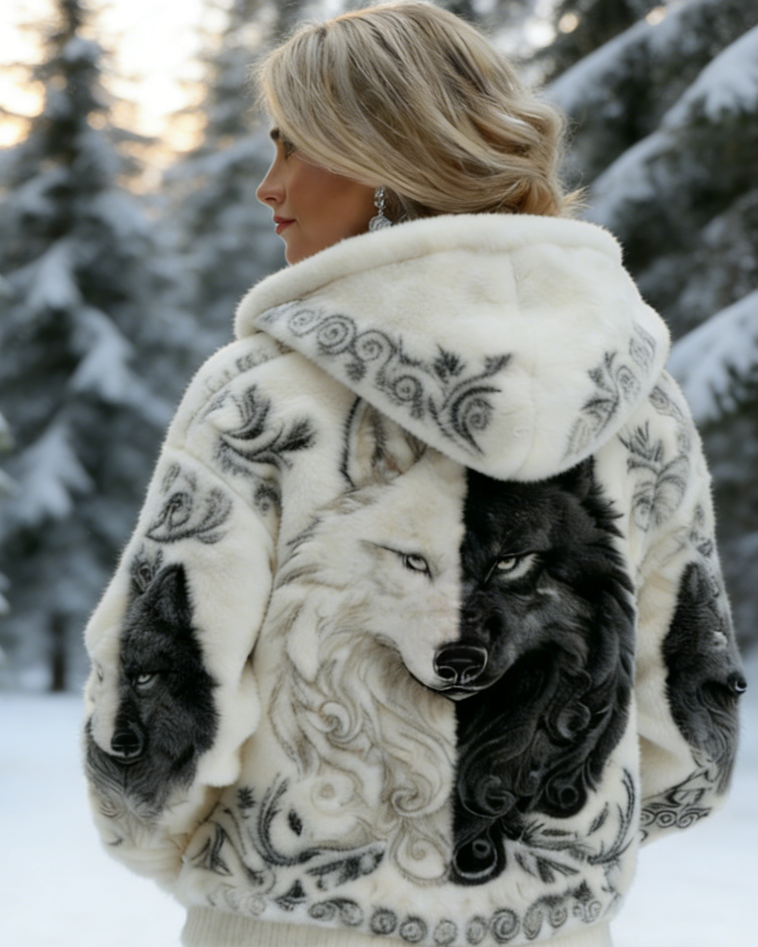 3D-Druck Damen Wikinger Flanell Kapuzenpullover – Engel Wolf & Keltischer Knoten, Kontrast Vintage Size S-5XL