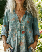Boho Bluse Damen Petrol: Vintage Blumen-Print, Reverskragen, Loose Fit,S-5XL, Ganzjährig