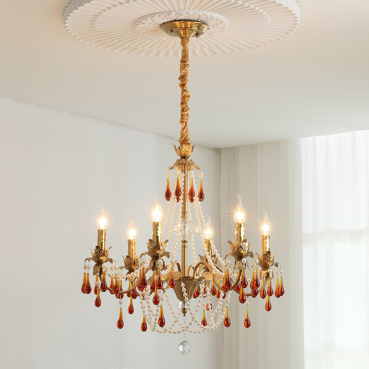 Aureate Amber Crystal Chandelier 6 heads Size: ∅ 24.4″ x H 25.6″ / Dia 62cm x H 65cm / Gold & Amber Chandelier