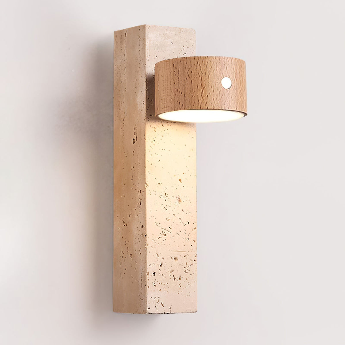 Axis Wood Rechargeable Wall Light ? 2.8″ x H 9.1″ / Wood color & Yellow Travertine / USB charging plug & Warm Light