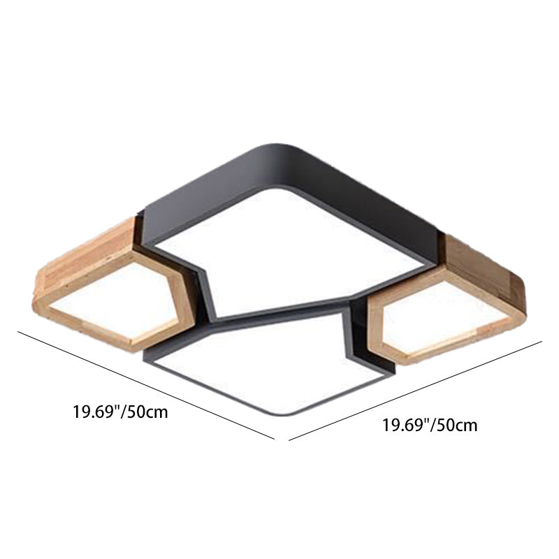 Contemporary Nordic Square Rectangle Geometric Combination Iron Solid Wood Acrylic Shade LED Flush Mount Ceiling Light For Living Room