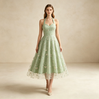 Elegantes Neckholder-Abendkleid in A-Linie mit Filigraner Floralem Stickerei und Tüllrock