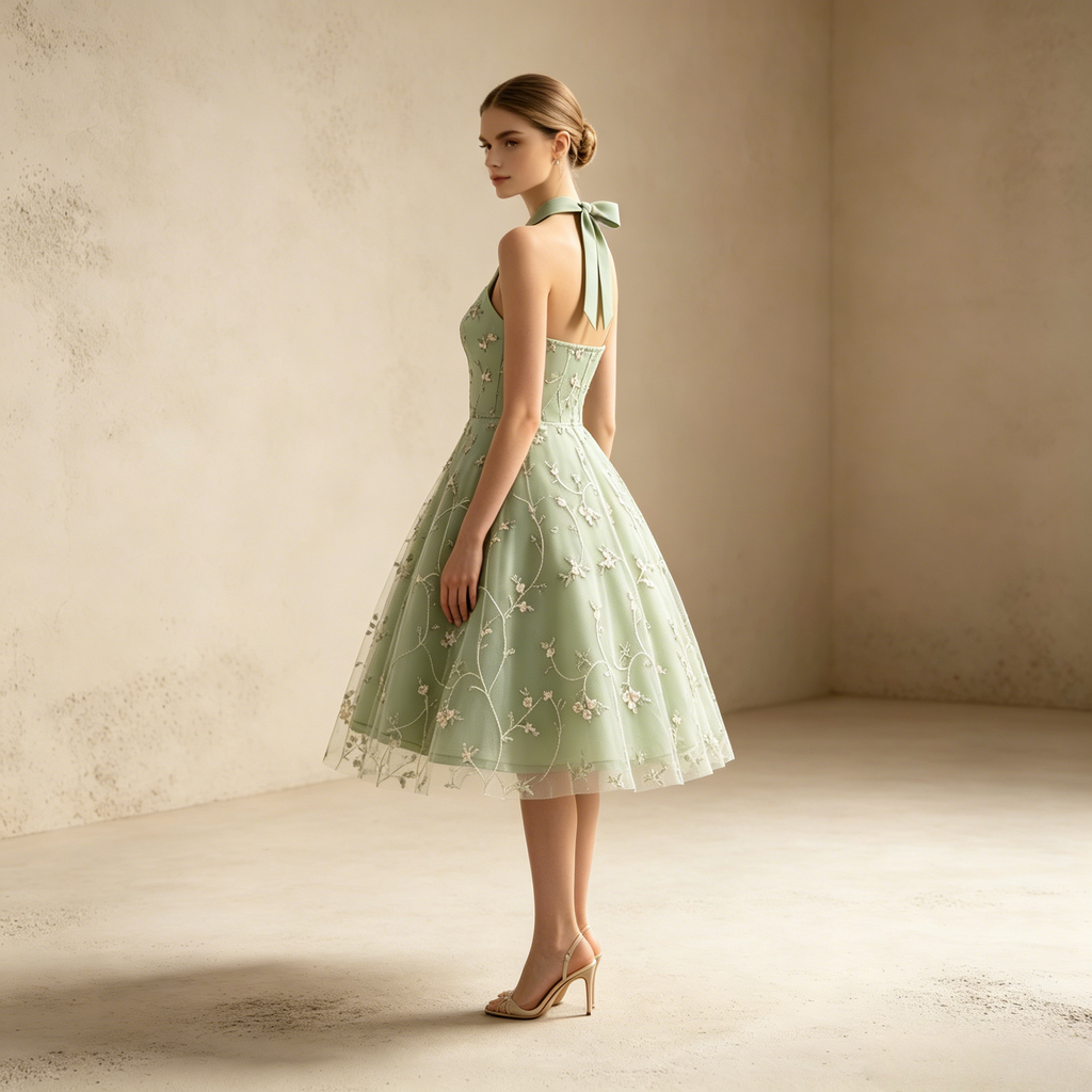 Elegantes Neckholder-Abendkleid in A-Linie mit Filigraner Floralem Stickerei und Tüllrock