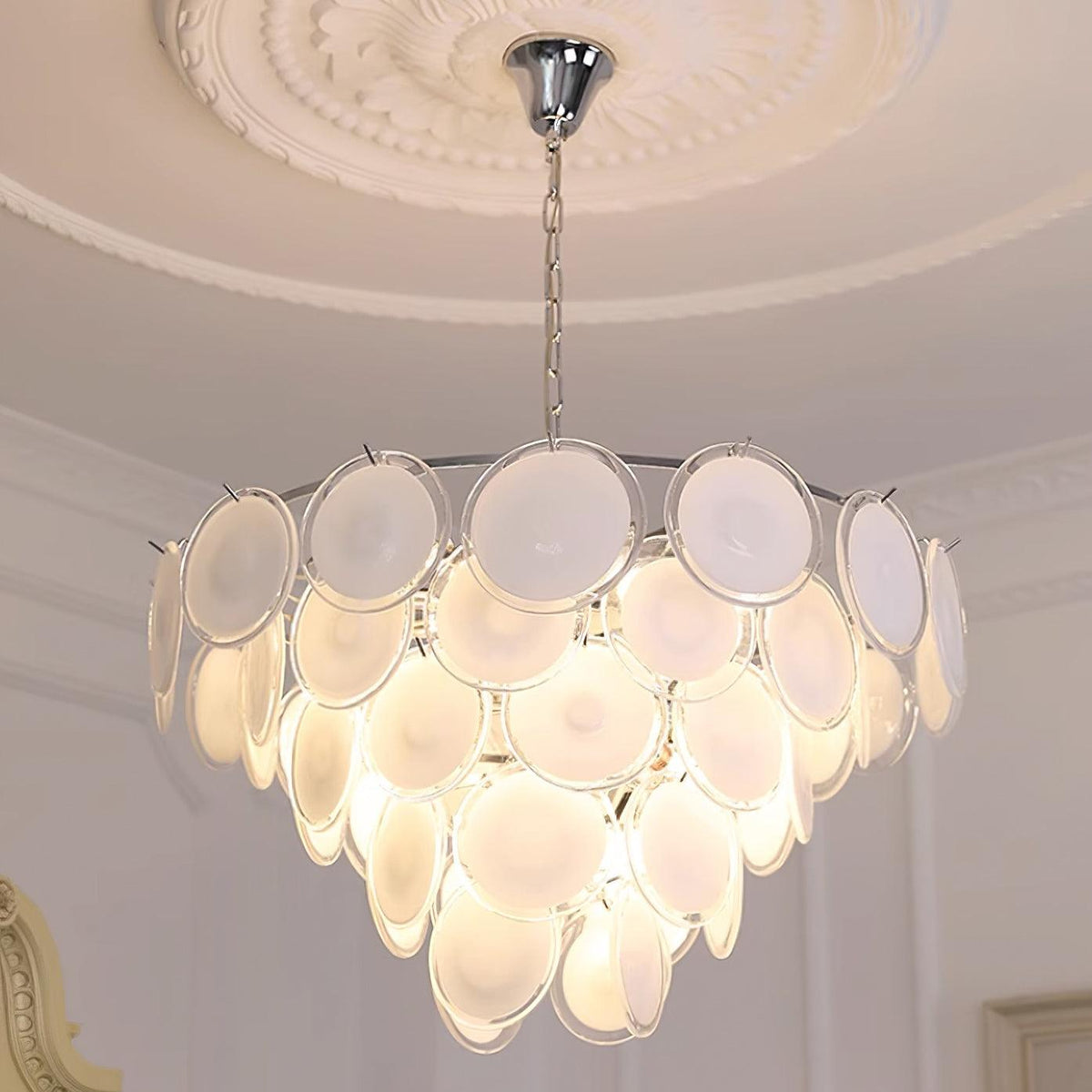 Bettina Murano Chandelier ? 31.4″ x H 19.6″ / Dia 80cm x H 50cm / Chrome & White glass Chandelier
