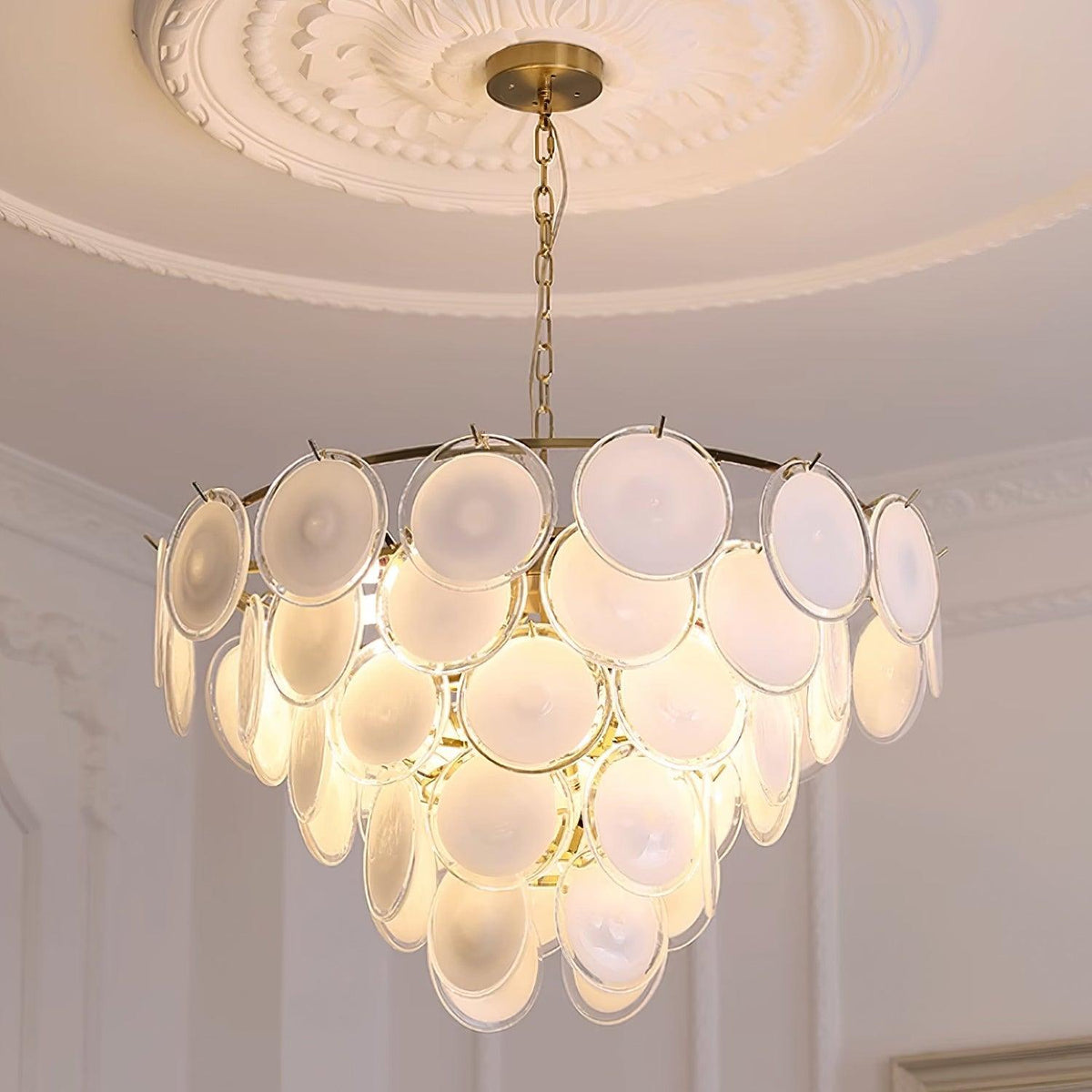 Bettina Murano Chandelier ? 31.4″ x H 19.6″ / Dia 80cm x H 50cm / Gold & White glass Chandelier