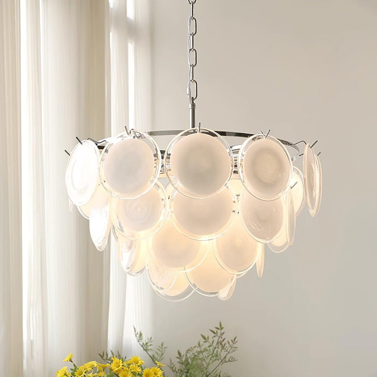 Bettina Murano Chandelier ? 24.4″ x H 19.6″ / Dia 62cm x H 50cm / Chrome & White glass Chandelier