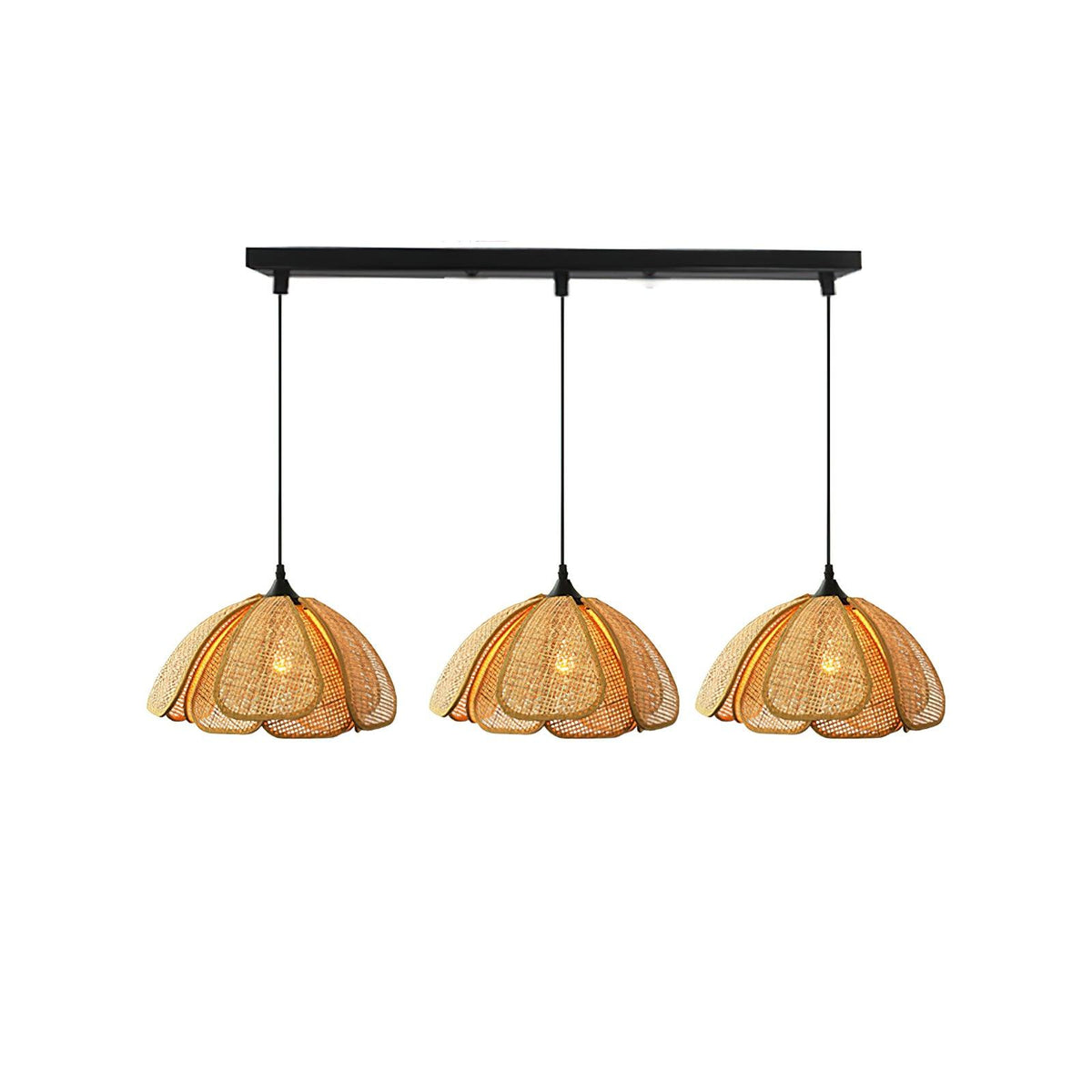 Bloom Rattan Pendant Lamp 3 heads Long Canopy L 31.5″ x W 3.9″ x H 59″ / L 80cm x W 10cm x H 150cm / Black & Natural