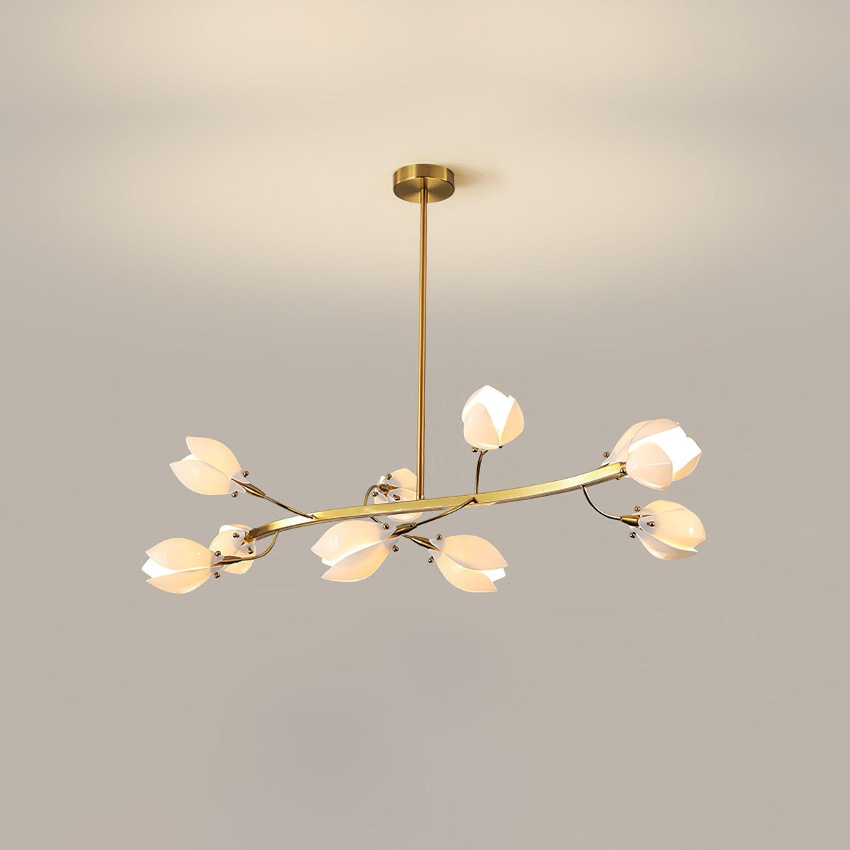 White Porcelain Magnolia Chandelier 10 heads L 43.3″ x W 17.7″ x H 11.8″ / L 110cm x W 45cm x H 30cm / Gold & White