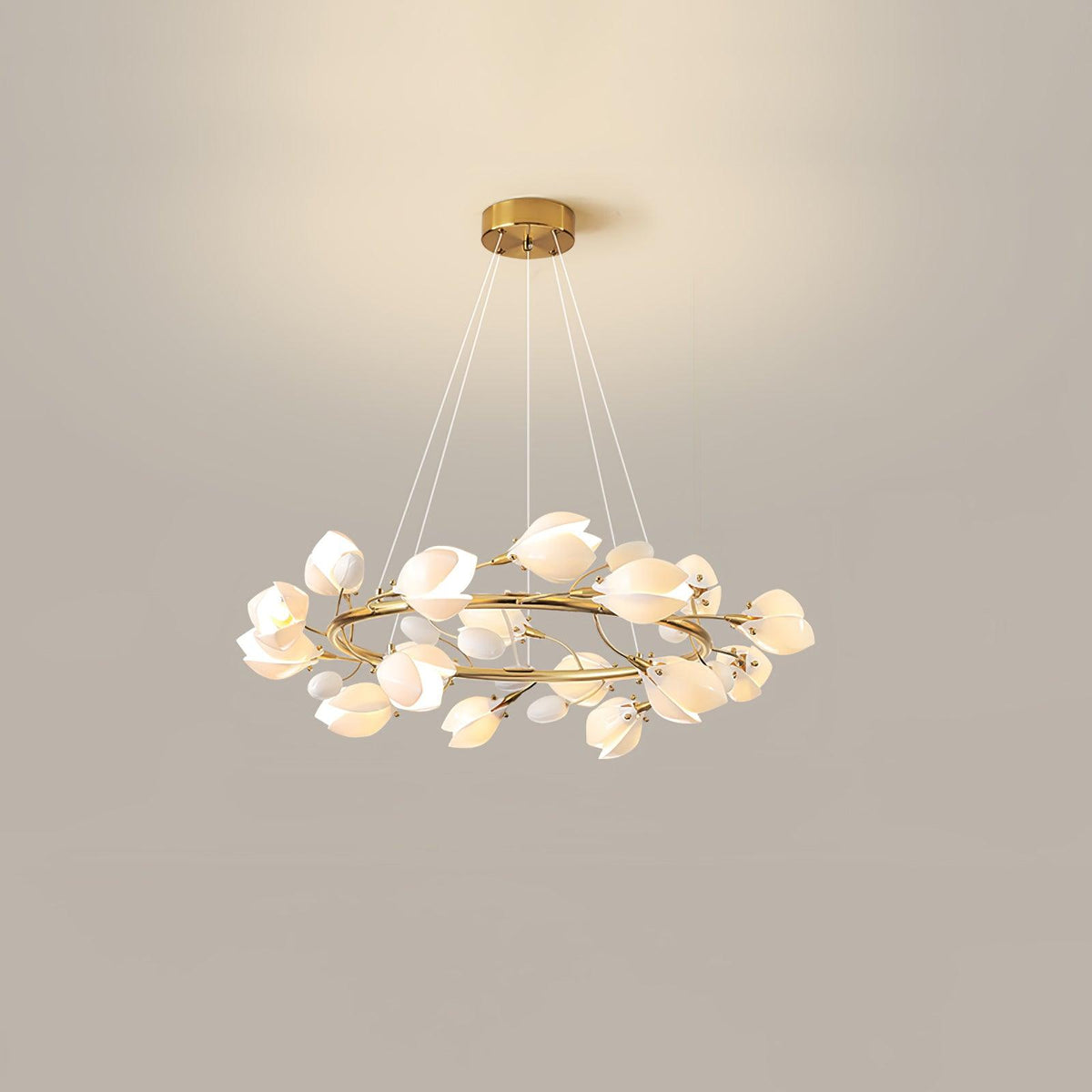 White Porcelain Magnolia Chandelier 16 heads ? 31.5″ x H 11.8″ / Dia 80cm x H 30cm / Gold & White Ceramic Chandelier