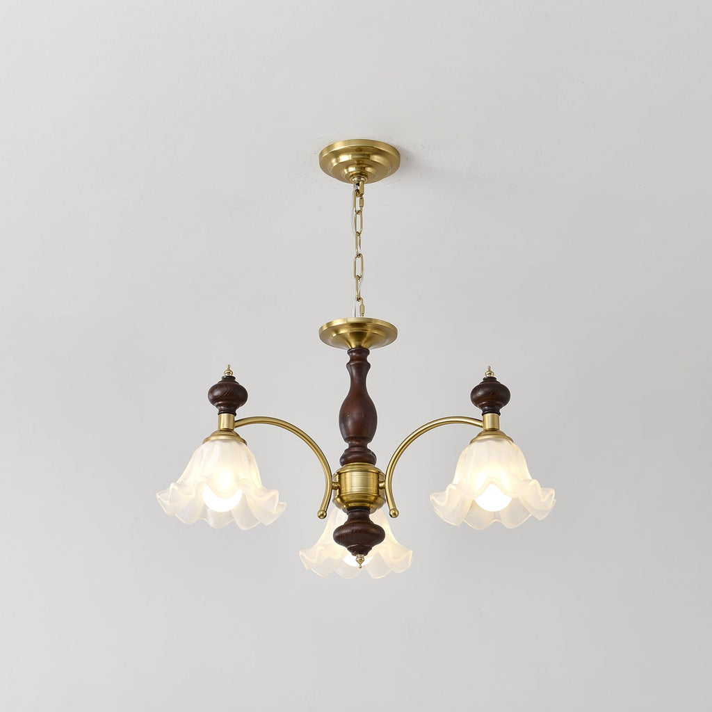 Blossom Flowers Chandelier 3 heads ∅ 25.6″ x H 18.5″ / Walnut Color & Gold Chandelier