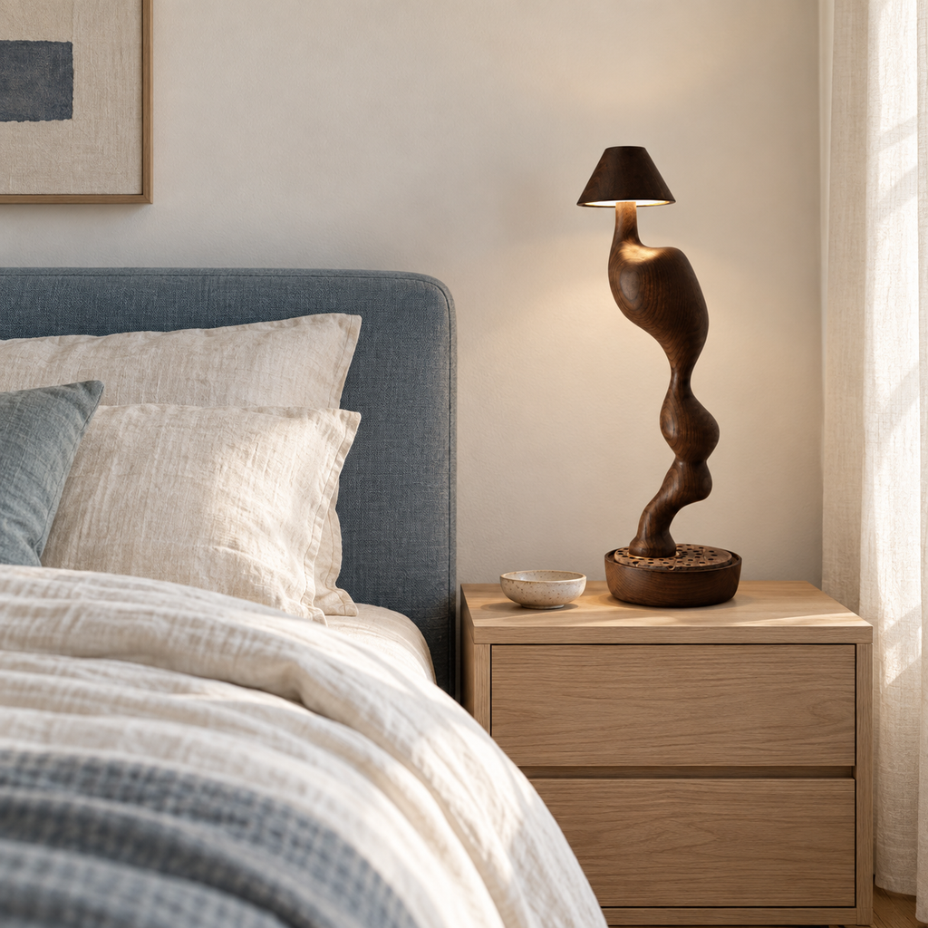 Carved Wood Cordless Table Lamp