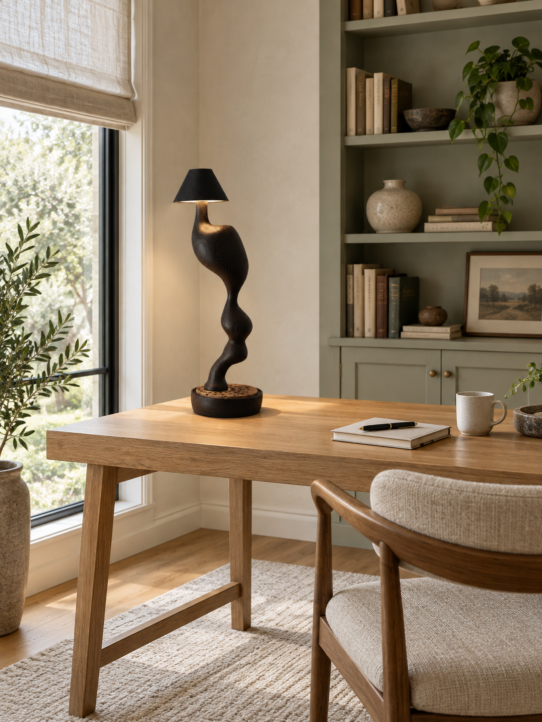 Carved Wood Cordless Table Lamp