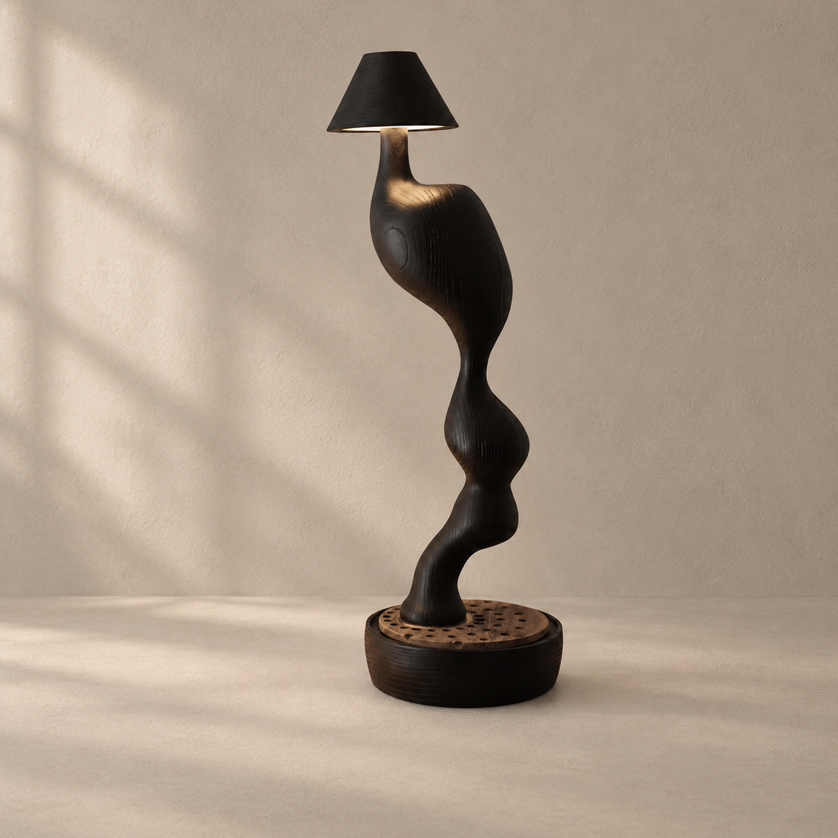 Carved Wood Cordless Table Lamp