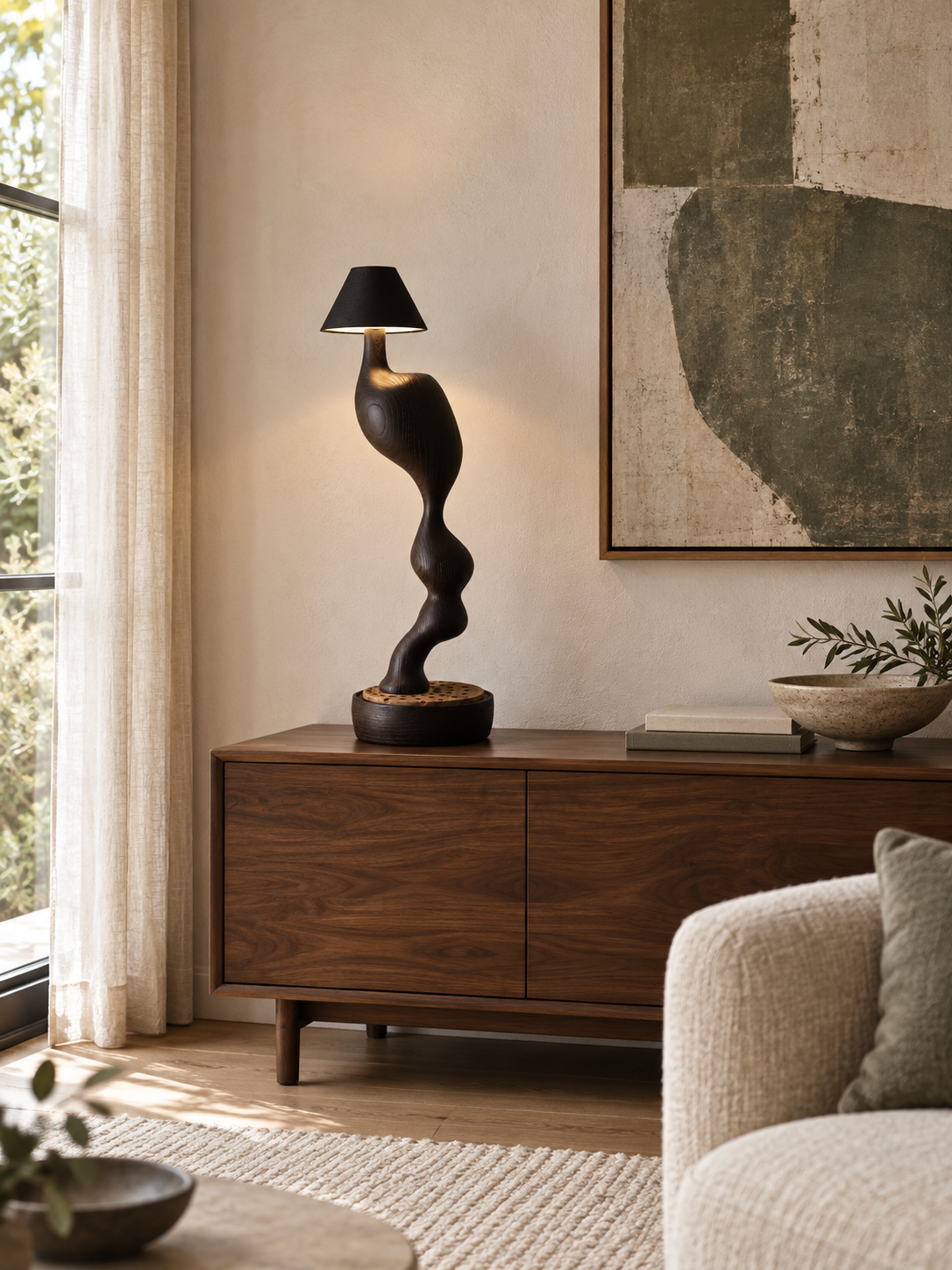 Carved Wood Cordless Table Lamp