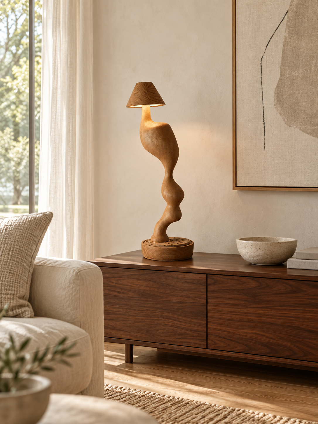 Carved Wood Cordless Table Lamp