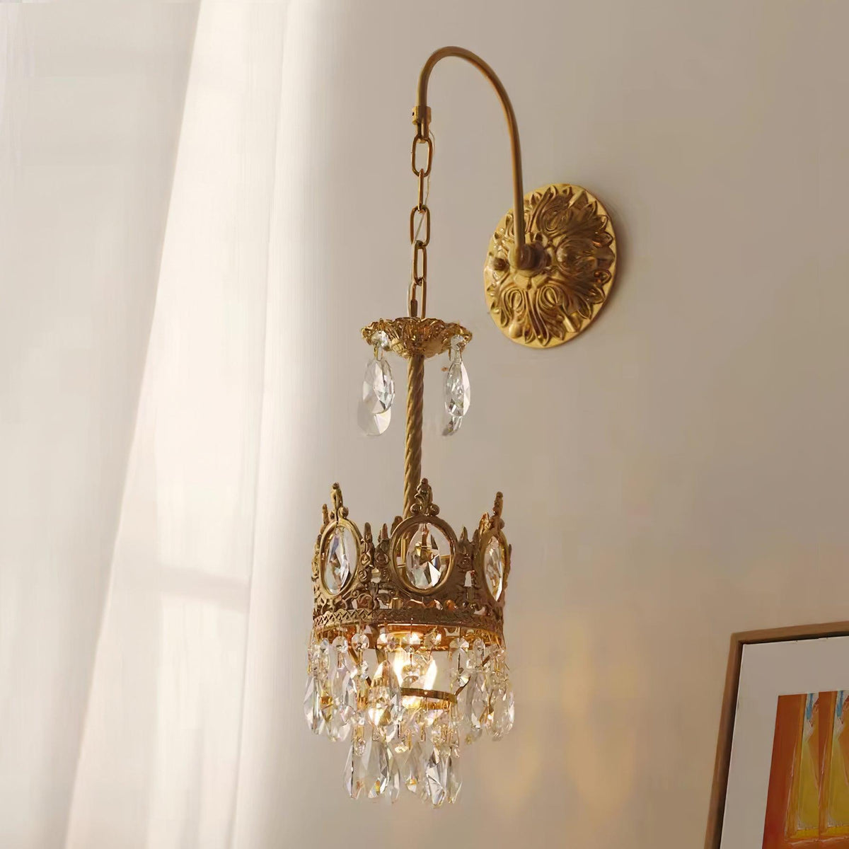 Crystal Crown Sconce Model B Φ 6.7″ x W 11.3″ x H 25.8″ / Dia 17cm x W 28.8cm x H 65.5cm / Copper plated Wall lamp