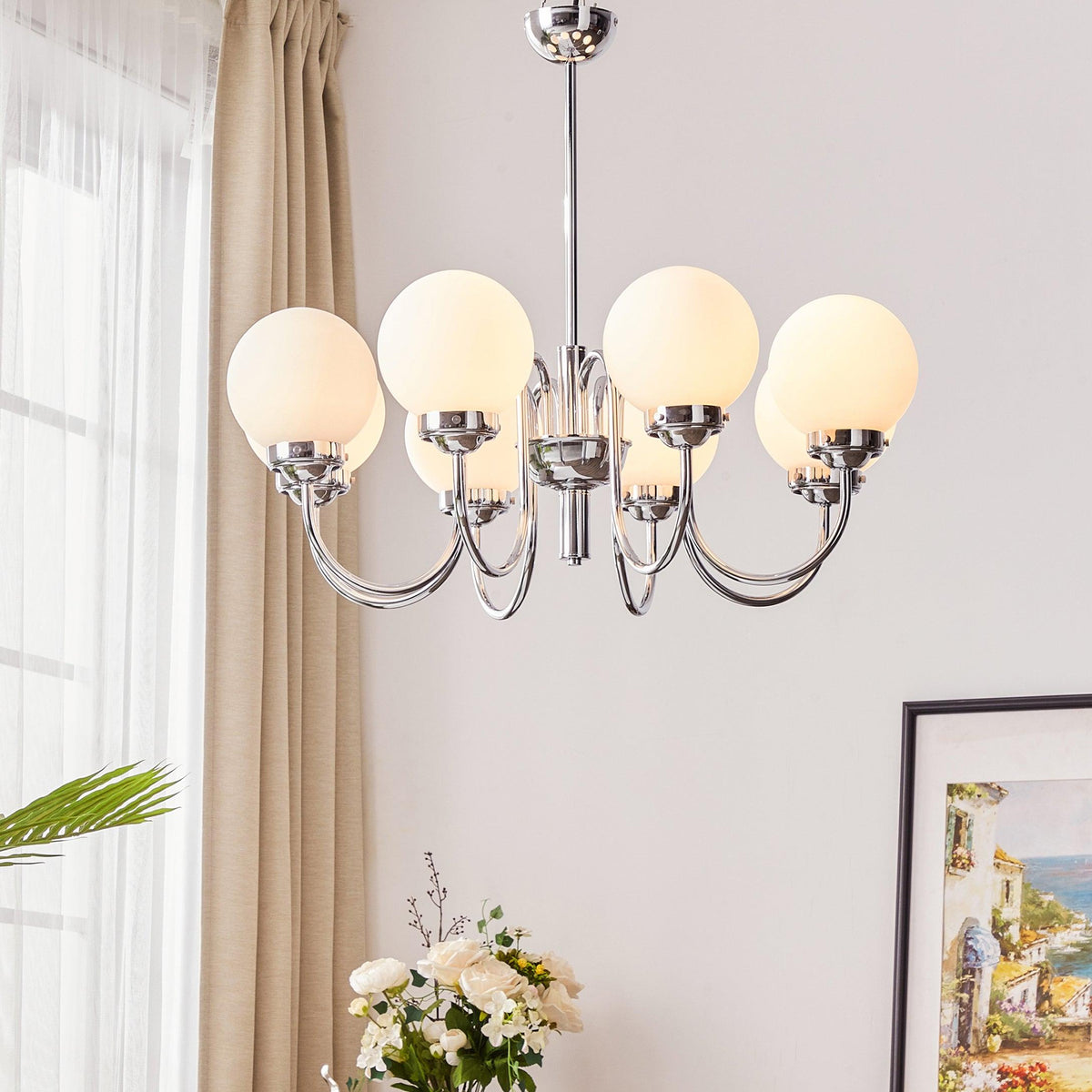 Curved Arm Chrome Globe Chandelier