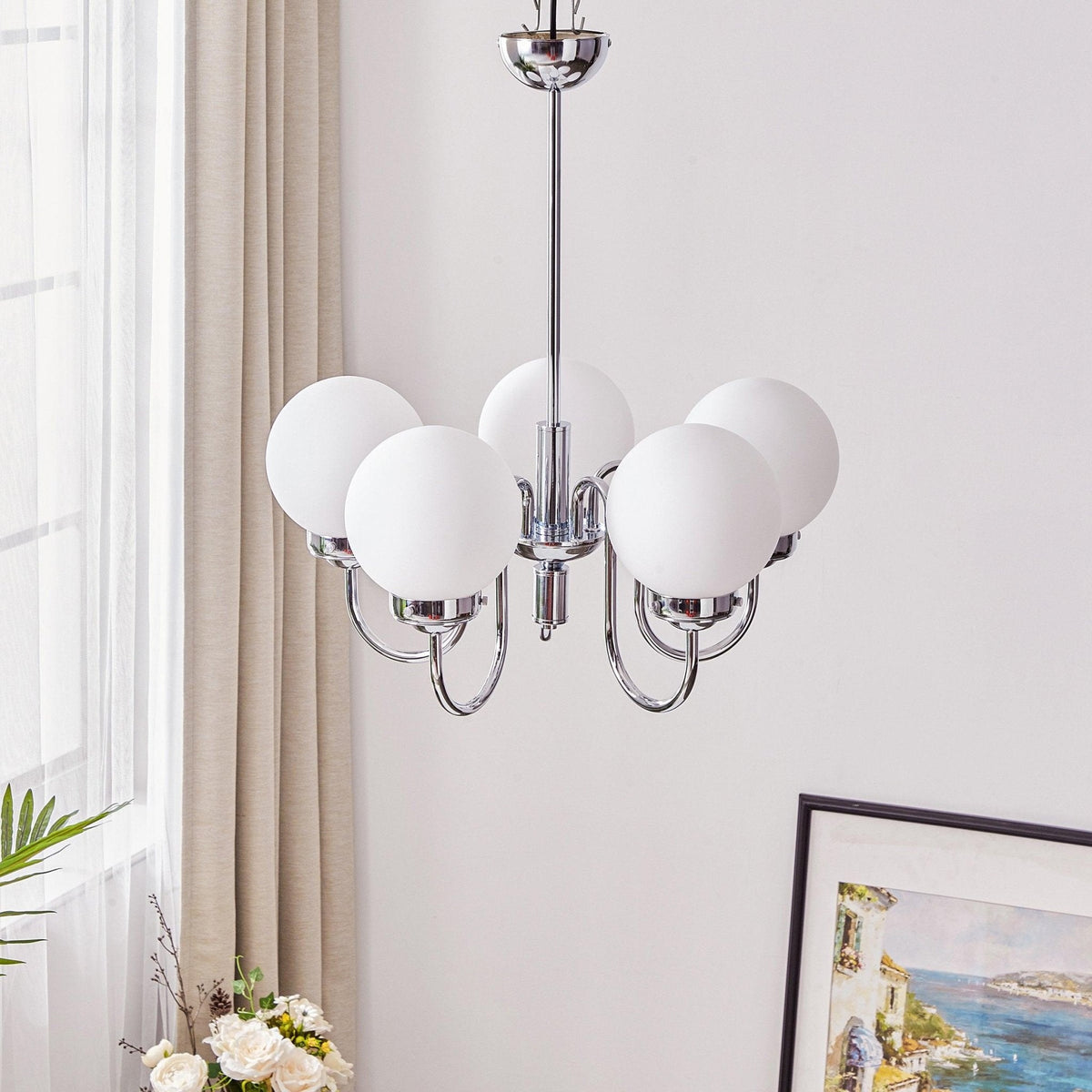Curved Arm Chrome Globe Chandelier