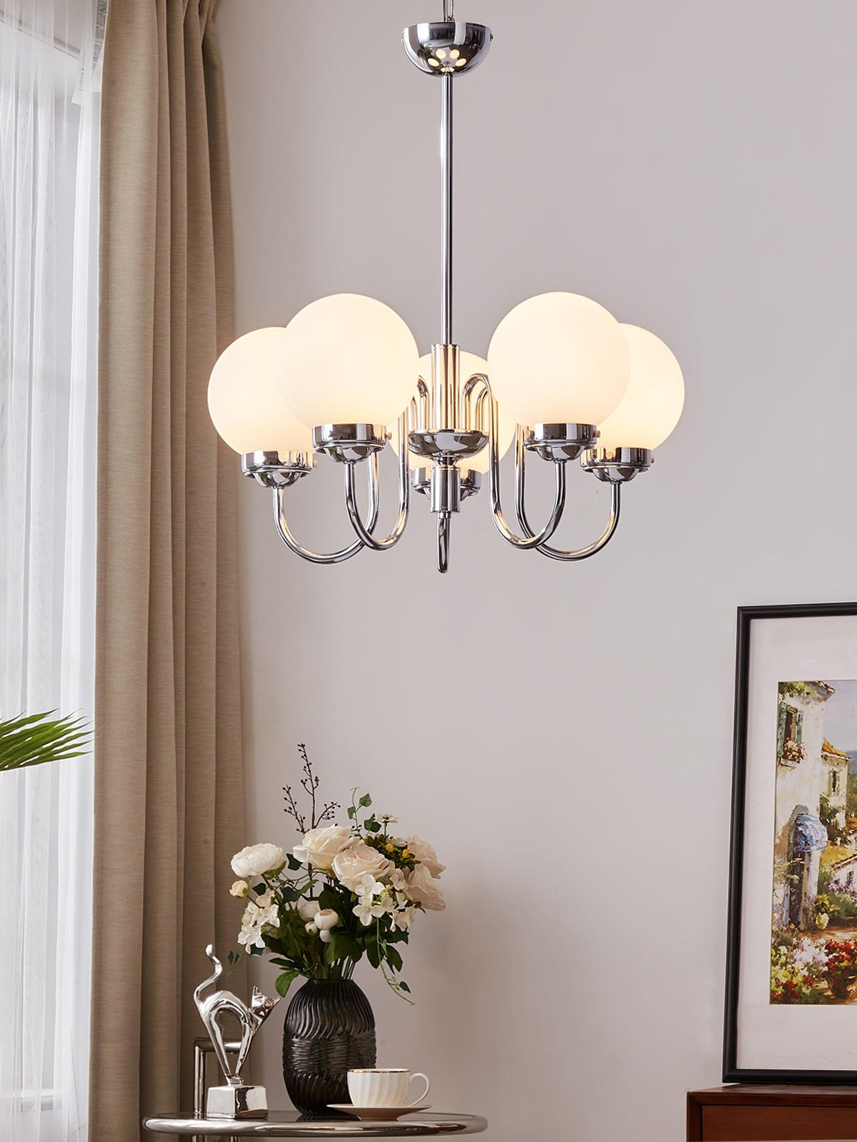 Curved Arm Chrome Globe Chandelier