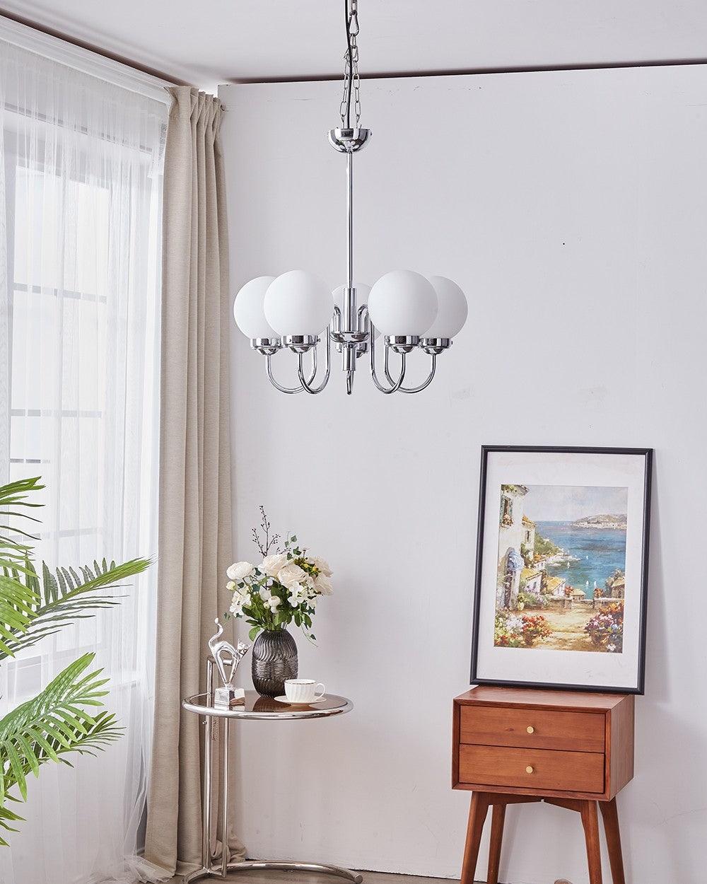 Curved Arm Chrome Globe Chandelier