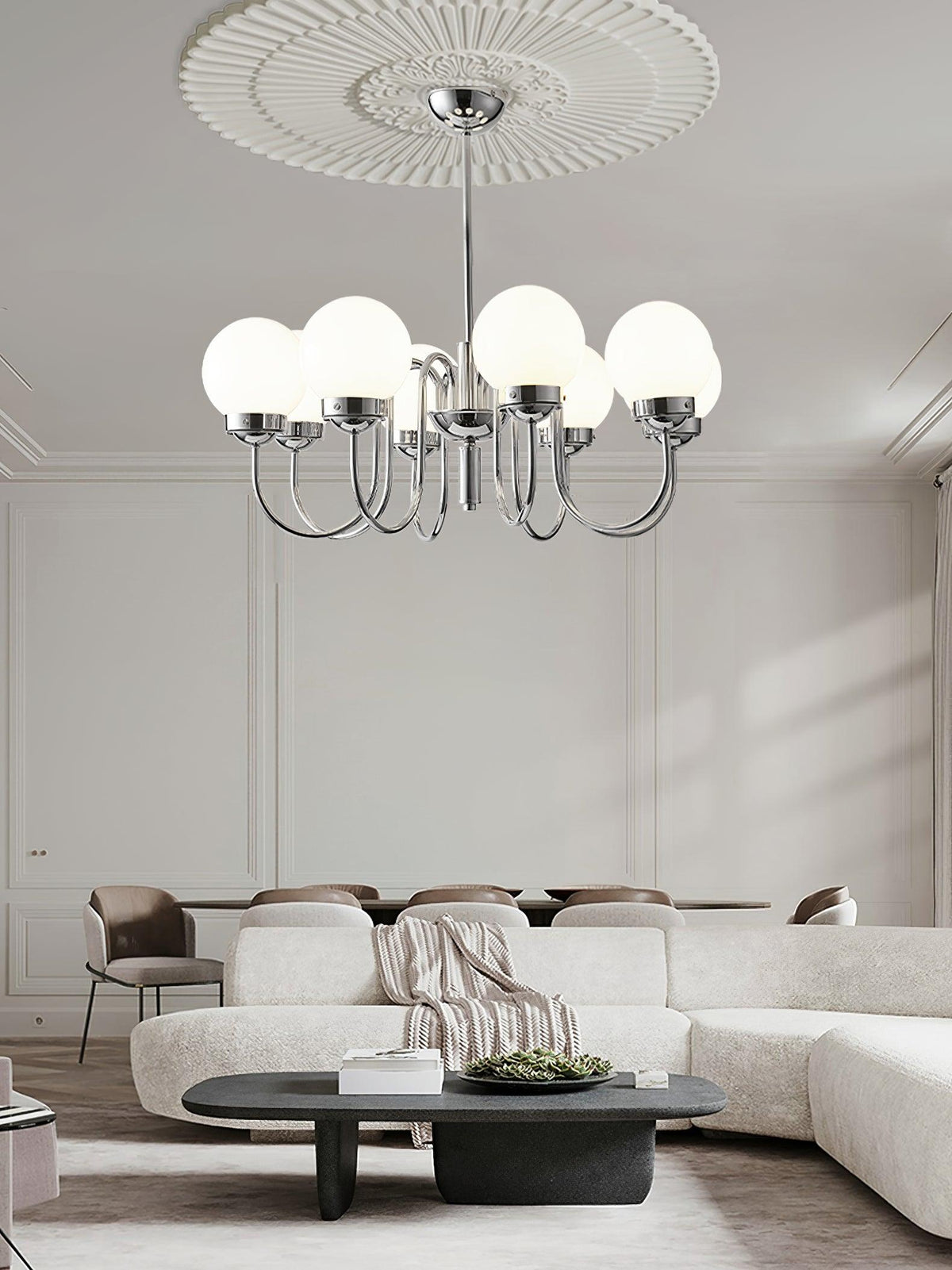 Curved Arm Chrome Globe Chandelier