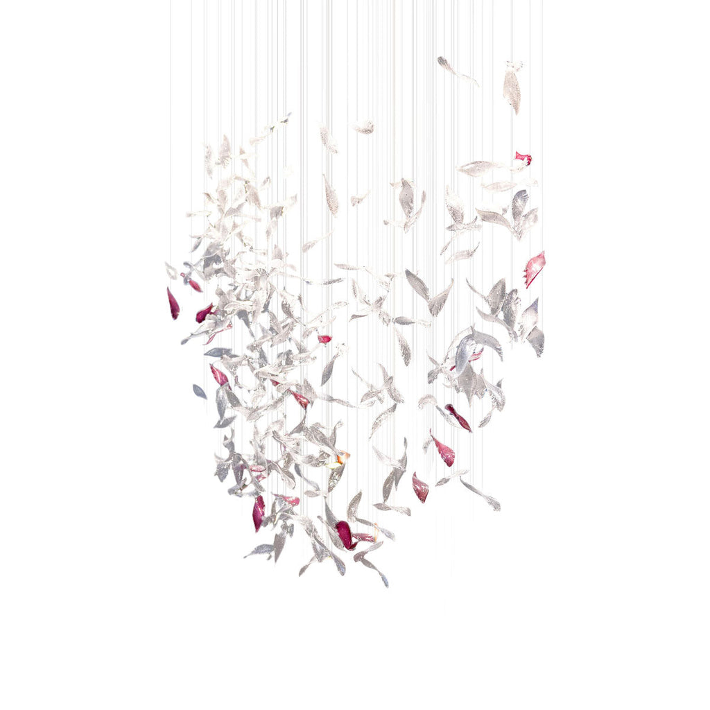 Flying Glass Feather Chandelier L 220cm x W 60cm x H 250cm / L 86.6″ x W 23.6″ x H 98.4″ / Clear & Pink / Warm Light