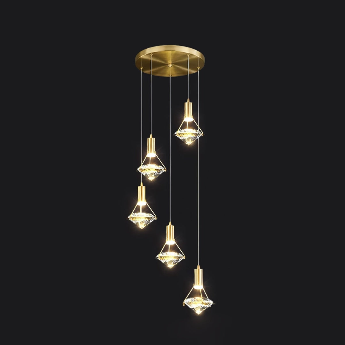 Diamond Pendant Lamp 5heads ? 11.8″ x H 39.3″/ Dia 30cm x H 100cm / Brass & Clear / Three-color changing light Pendant