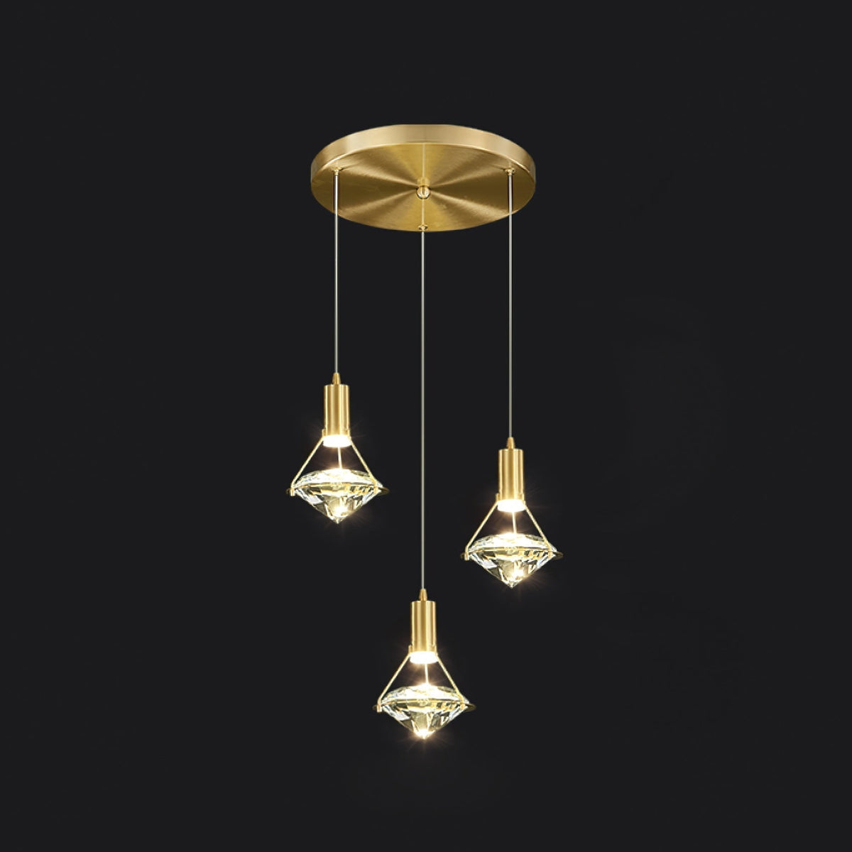 Diamond Pendant Lamp 3heads ? 11.8″ x H 39.3″/ Dia 30cm x H 100cm / Brass & Clear / Three-color changing light Pendant