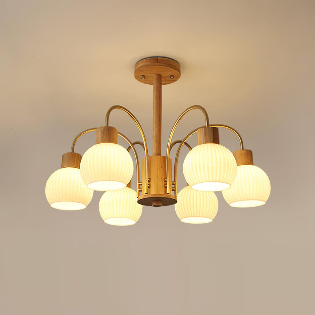 Donnelly Wooden Chandelier 6 heads ∅ 28.3″ x H 18.8″/ Dia 72cm x H 48cm / Wood & White Chandelier