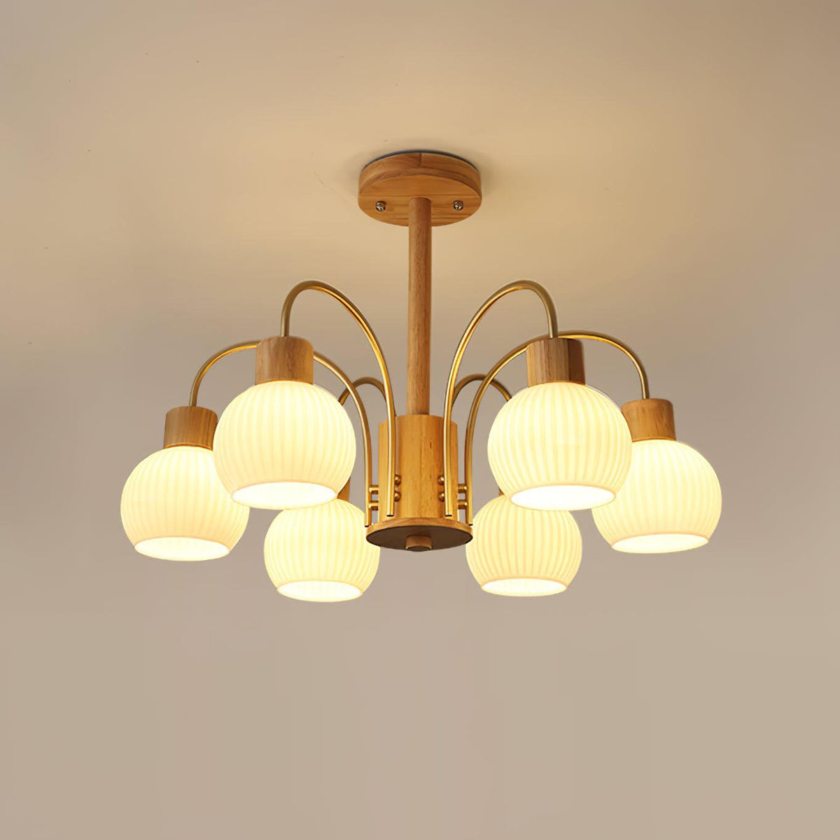 Donnelly Wooden Chandelier 6 heads ∅ 28.3″ x H 18.8″/ Dia 72cm x H 48cm / Wood & White Chandelier