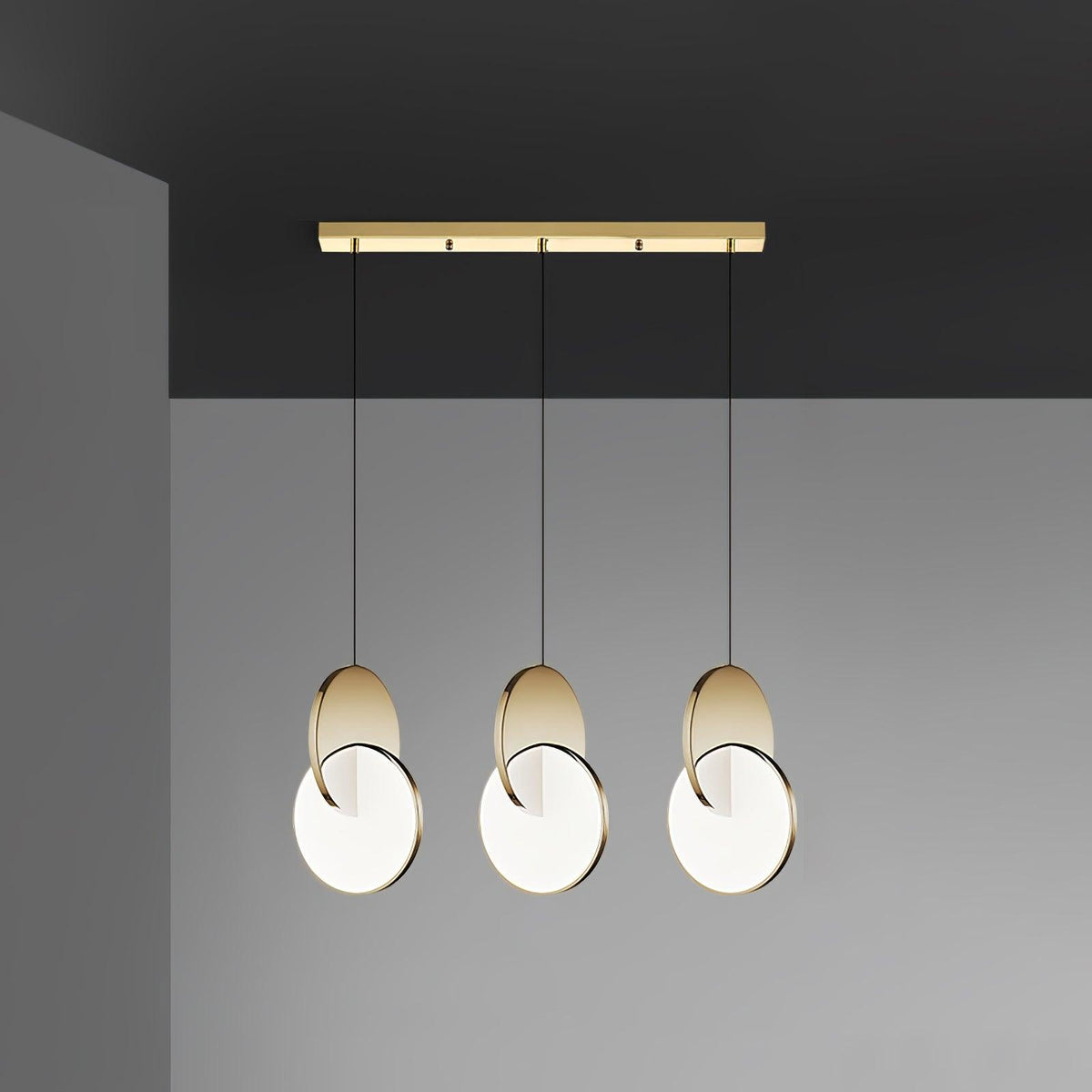 Double Disk Pendant Lamp 3 heads L 29.5″ x W 7.9″ x H 59″ / L 75cm x W 20cm x H 150cm / Gold / Warm Light Pendant light