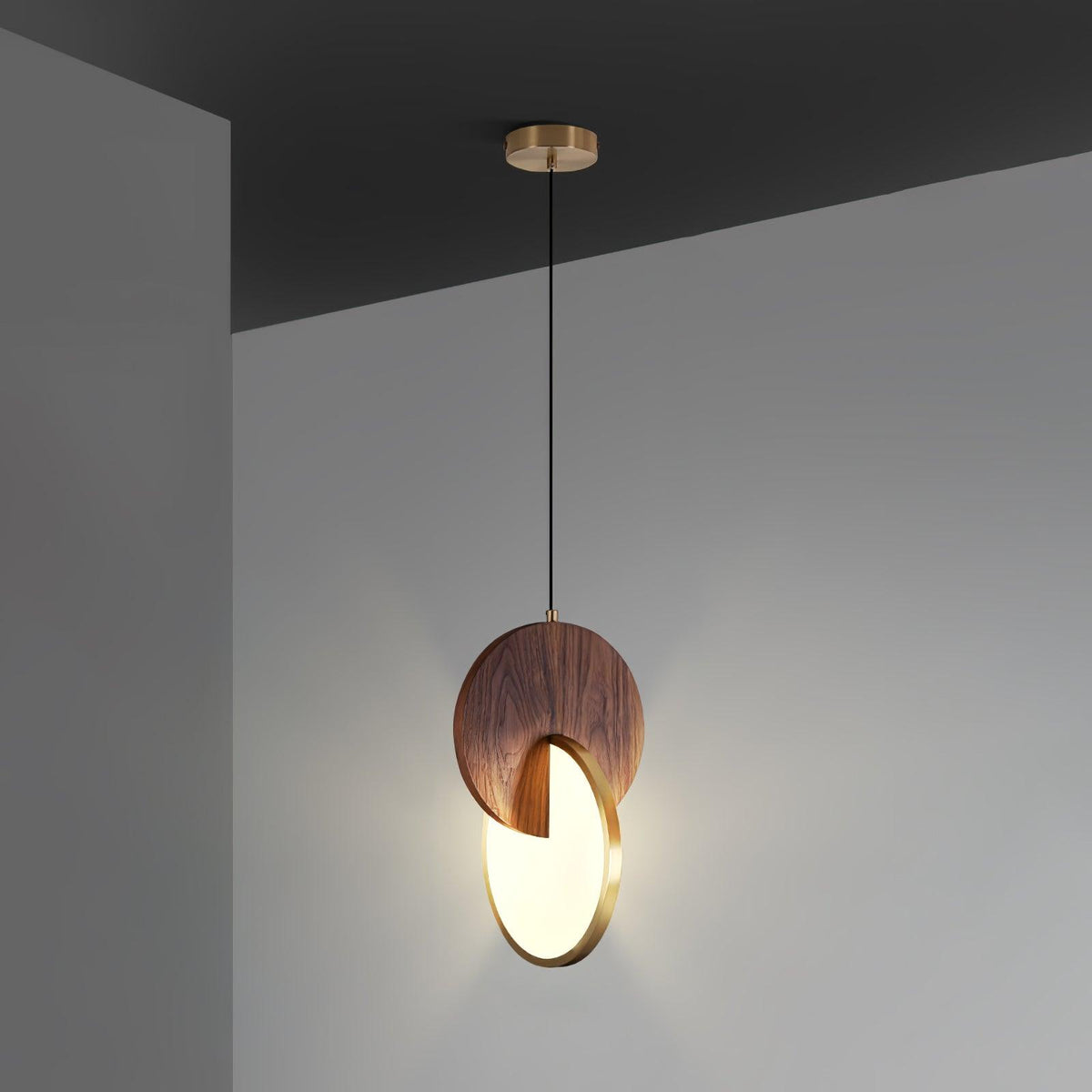 Double Disk Pendant Lamp ∅ 9.8″ x H 15″ / Dia 25cm x H 38cm / Walnut Wood & Gold / Warm Light Pendant light